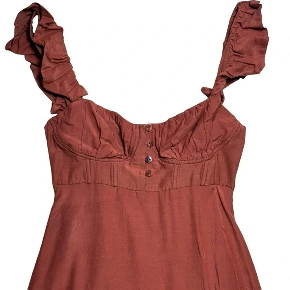 Farm Rio Cinnamon Dark Brown Ruffle Strap Maxi Dress Women’s US XS - Picture 3 of 11